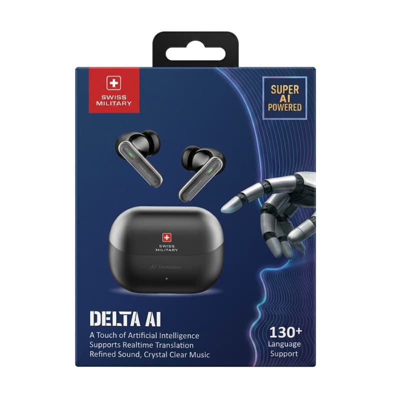 Swiss Military Delta AI Wireless Earbuds, Active Noise Cancelling, AI Chat Mode, 130+ Language Support,Color - Black - Dohans Essentials - qatar