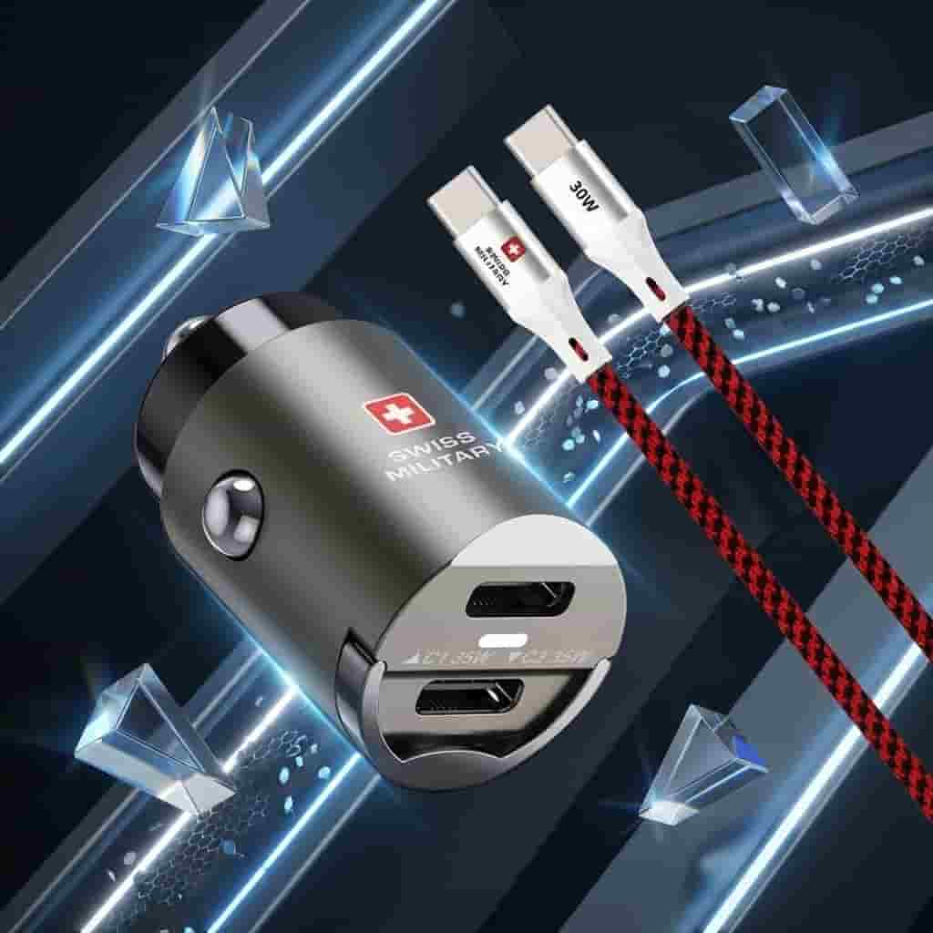 Swiss Military Dual USB-C 35W Car Charger with Type-C to Type-C Cable - Dohans Essentials - qatar