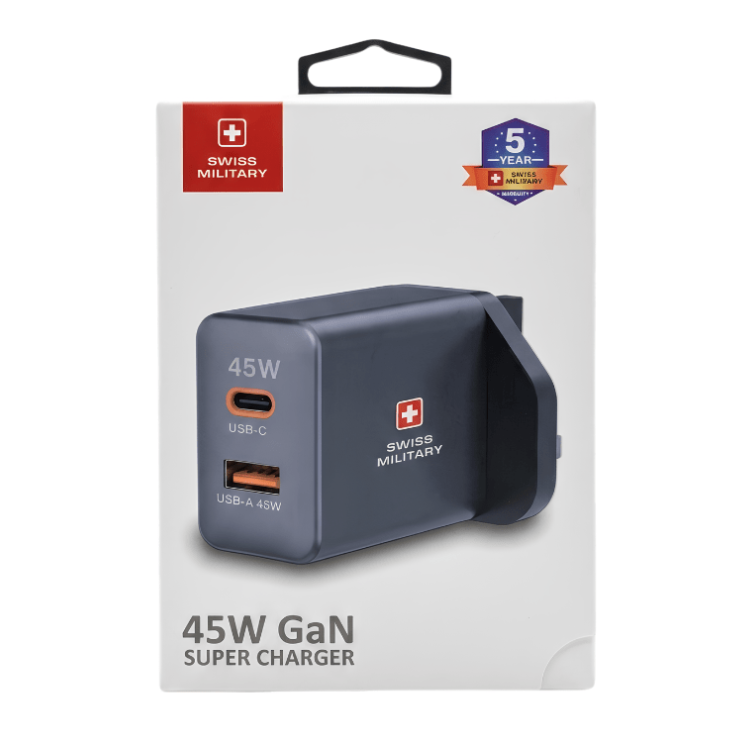 Swiss Military GaN 45W Super Charger USB-A & USB-C Port Adapter - Dohans Essentials - qatar