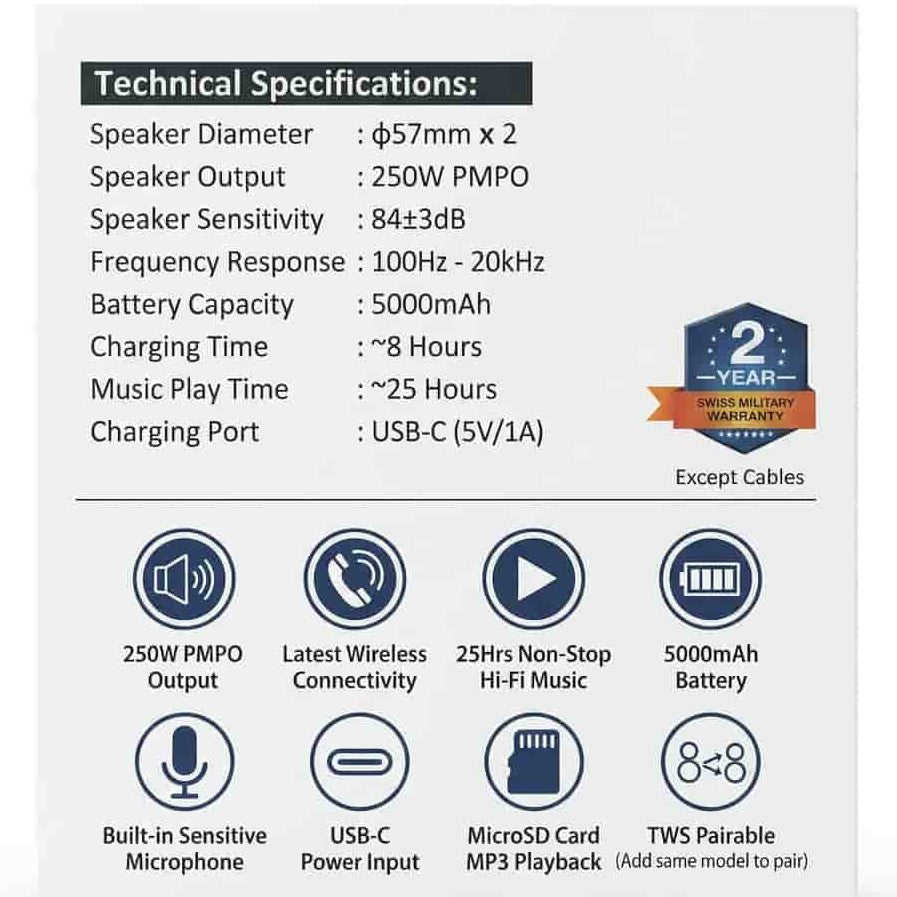 Swiss Military Portable 250W High Definition Speaker / 25 Hour Playtime - Dohans Essentials - qatar