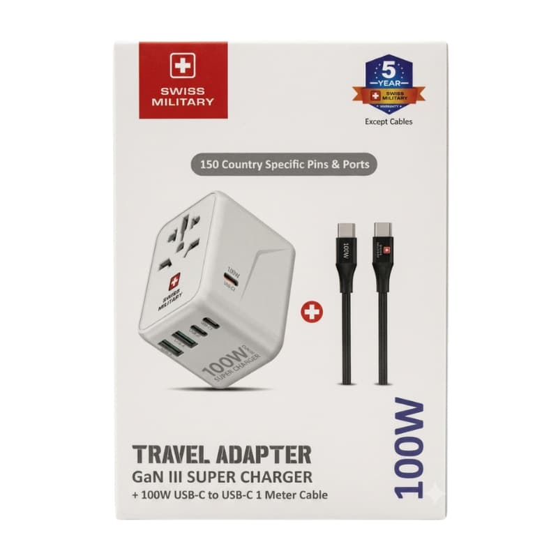 Swiss Military 100W Travel GaN III Super Charger 150 Country Adapter With 100W Type-C To Type-C Cable