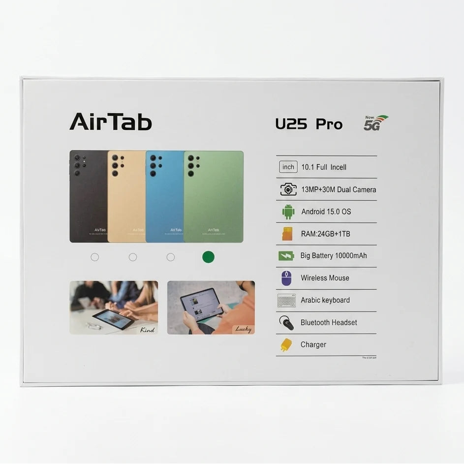 AirTab U25 Pro Tablet | 10.1" | Android 15 | 24GB RAM + 1TB | 30MP Camera | 10000mAh | Arabic Keyboard