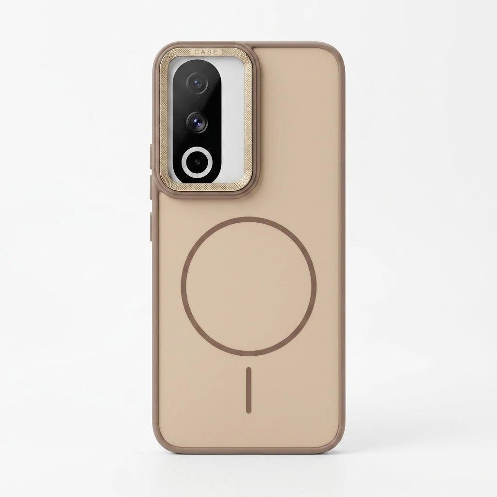 A beige phone case with a brown magnetic ring and a raised camera bezel, shown on a light gray background.