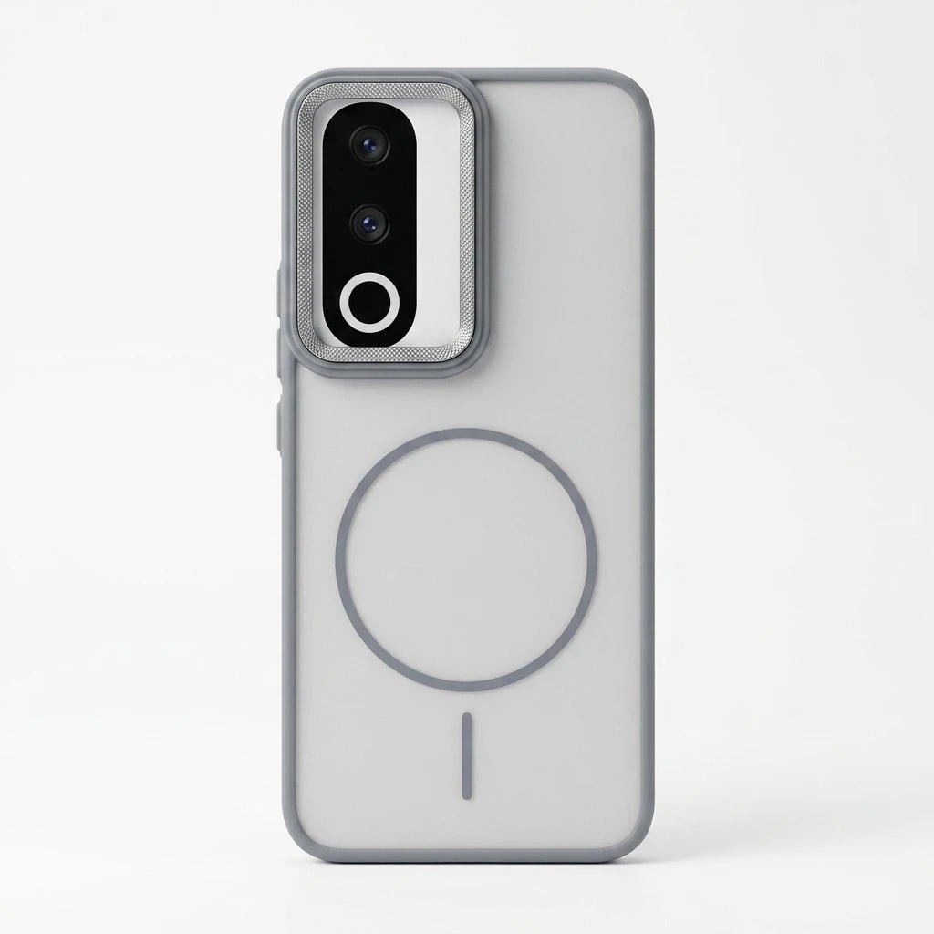 A light gray protective phone case with a dark gray MagSafe-compatible ring design on the back, shown on a clean white background.
