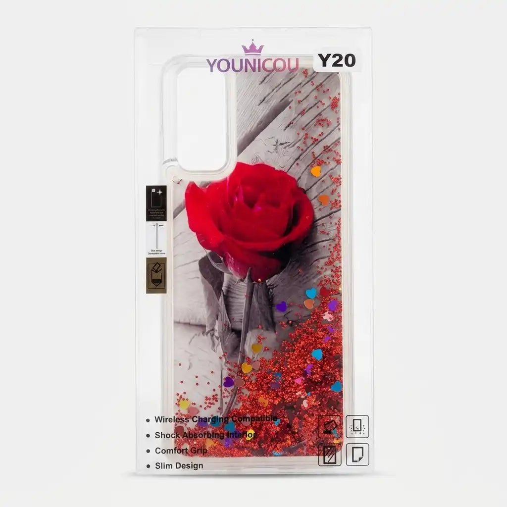 A clear phone case with a printed design featuring a red rose, red glitter, and colorful heart-shaped confetti, shown on a white background with product details printed on the packaging.