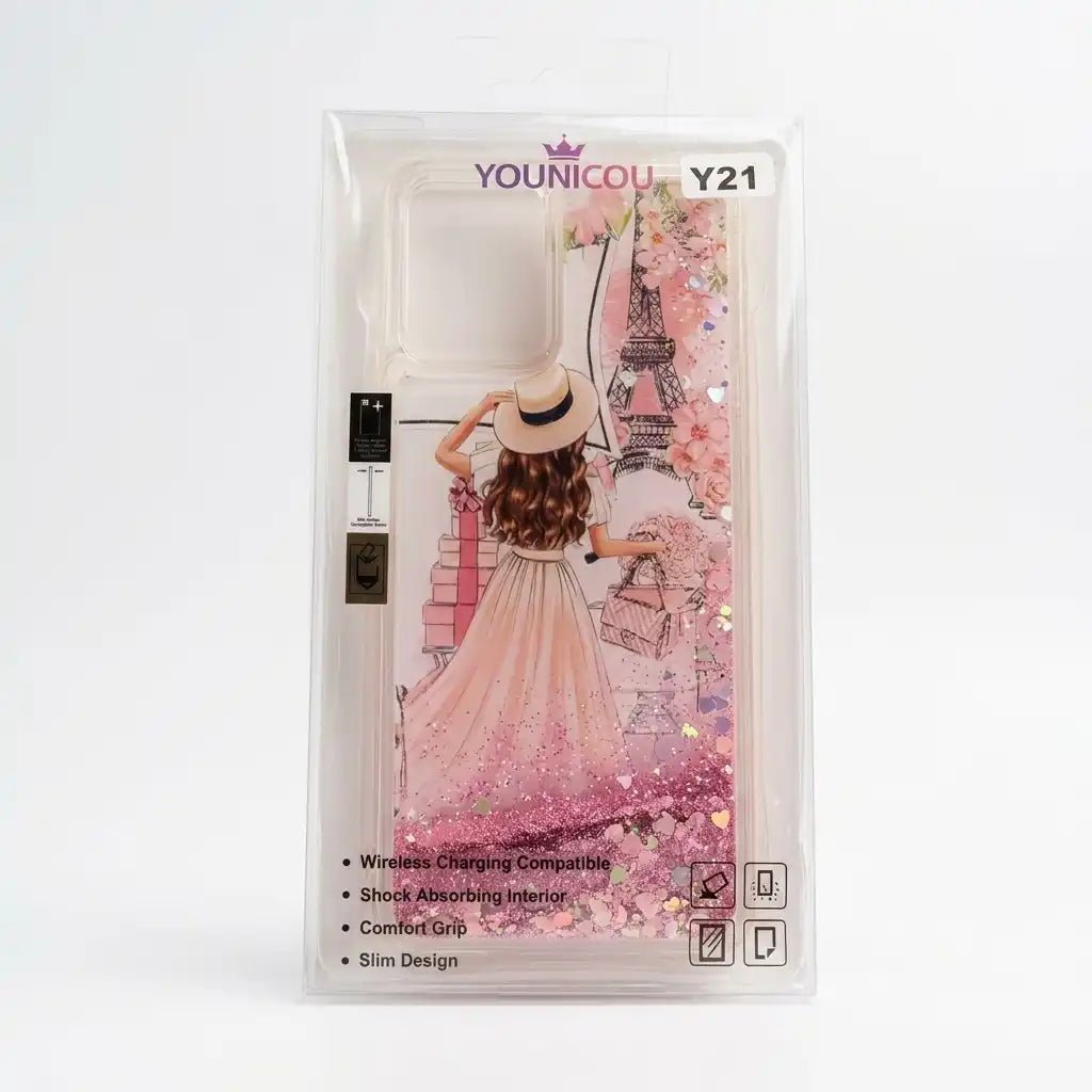 A Younicou Y21 wireless charging computer case in its retail packaging, featuring a pink and white Paris-themed illustration with a woman in a dress and Eiffel Tower.