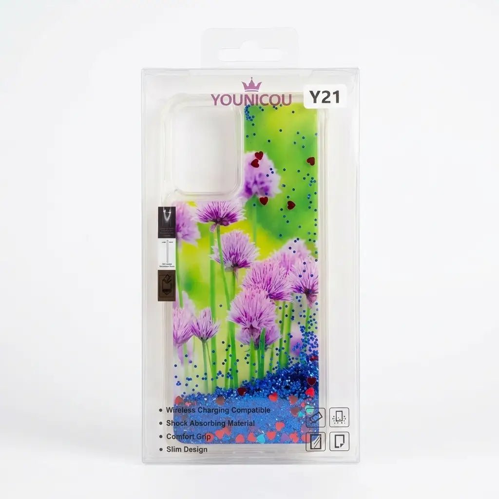 A Younicou Y21 phone case in its retail packaging, featuring a vibrant purple and green floral design with a glittery finish.
