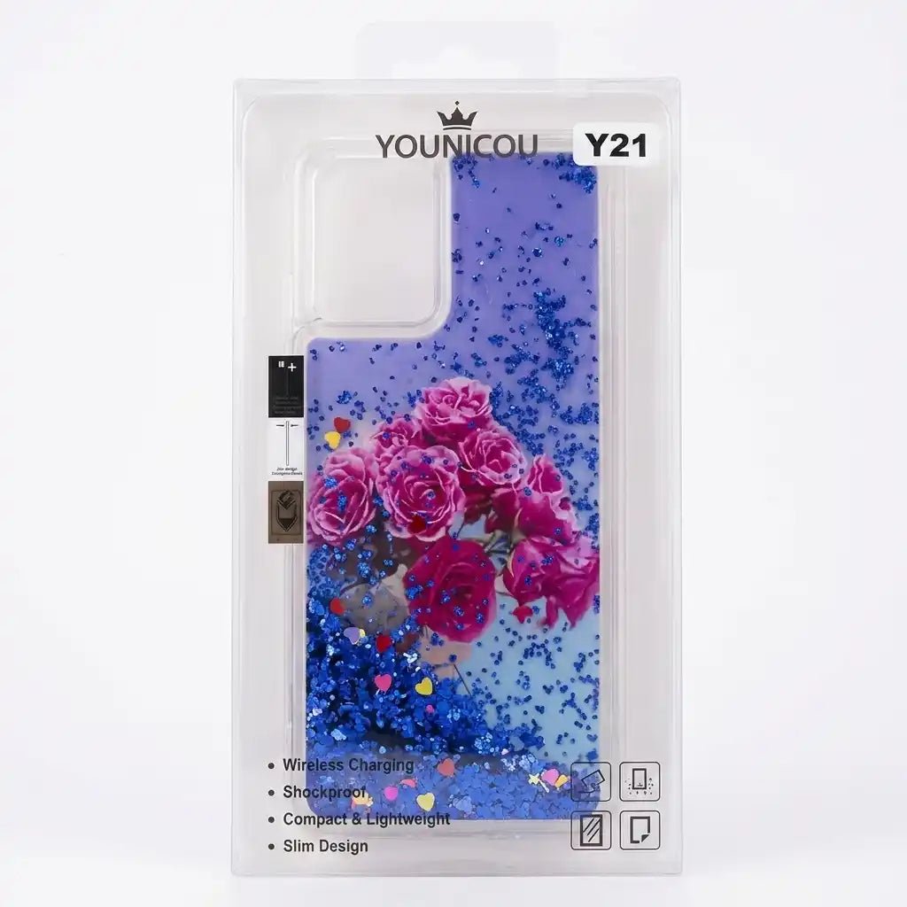 A Younicou Y21 phone case in its original retail packaging, featuring a blue glitter background with a vibrant pink rose bouquet design.