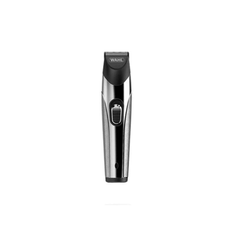 A Wahl cordless trimmer with a black and silver metallic body, shown vertically against a plain white background.