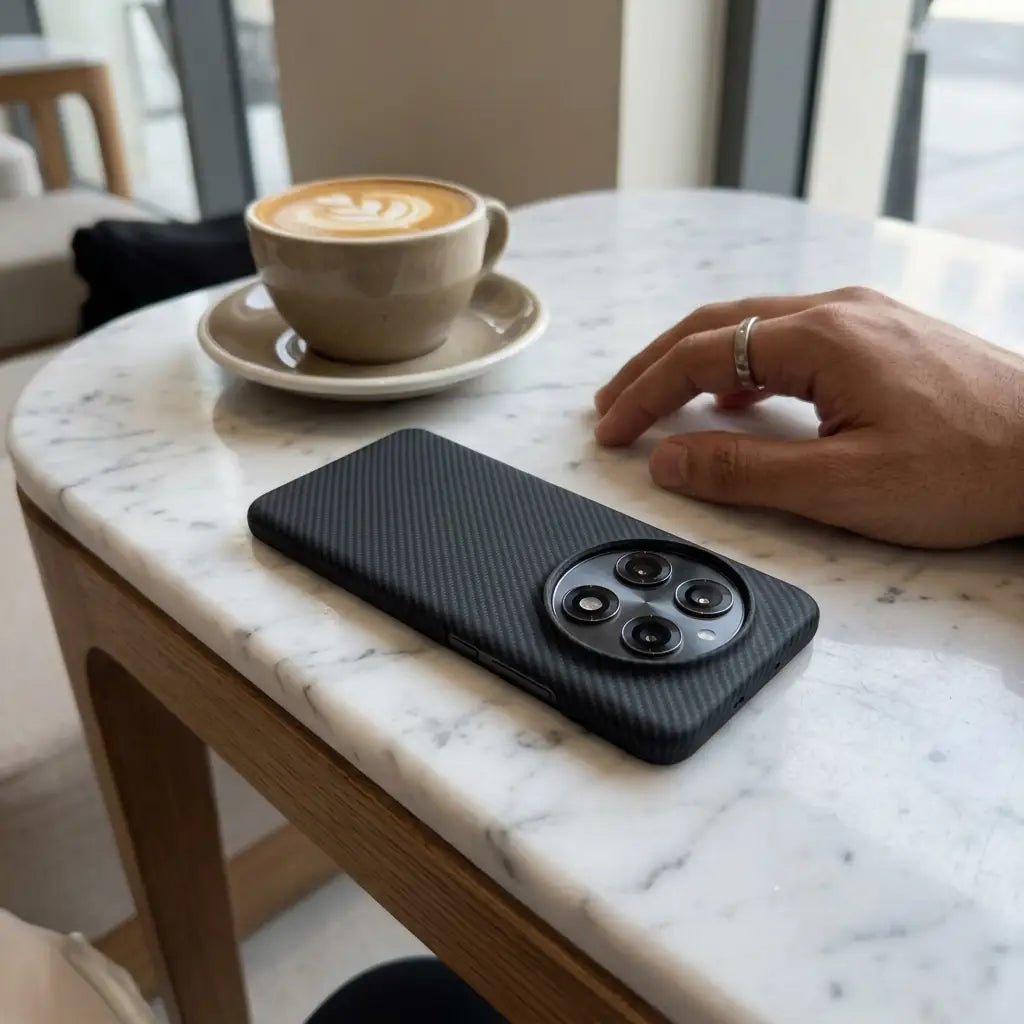 Black phone case on a marble table with a cup of coffee