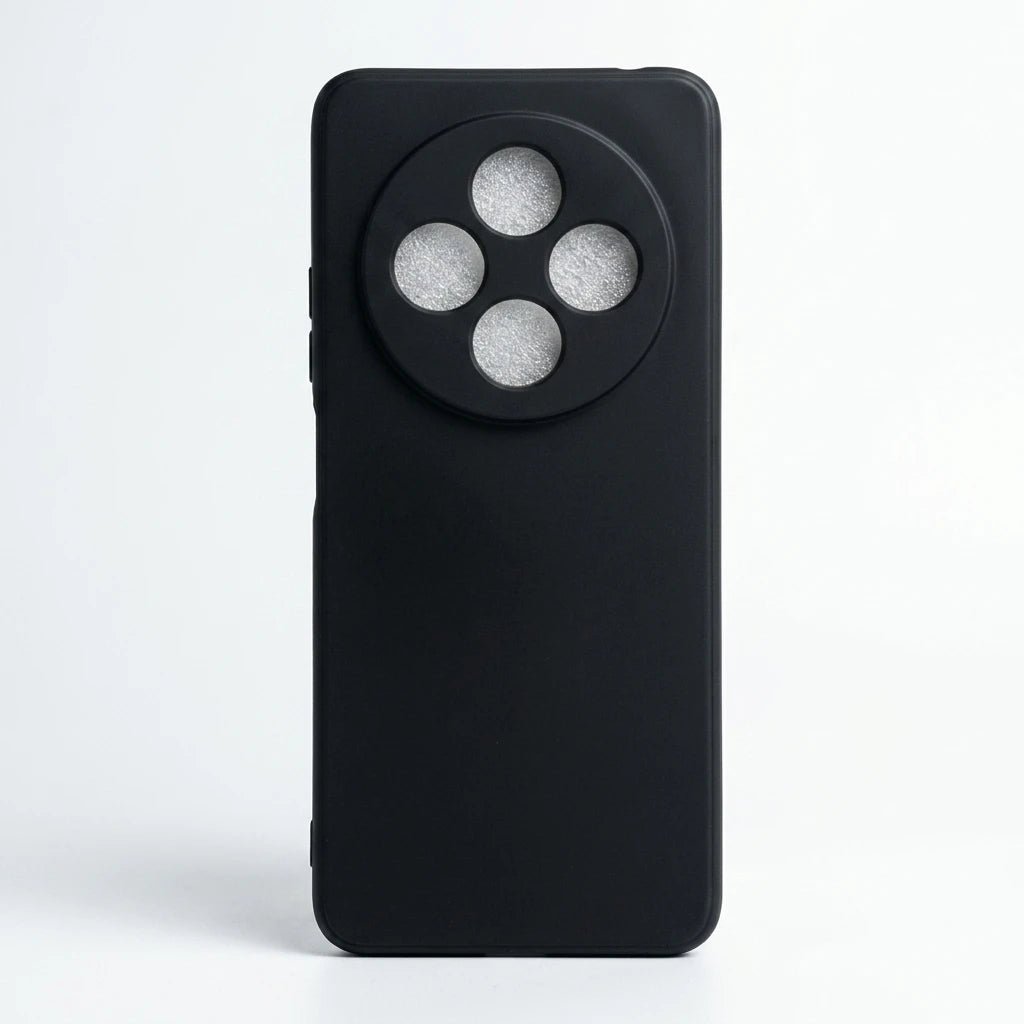 A matte black phone case with a circular camera cutout containing four circular cutouts, shown on a light gray background.