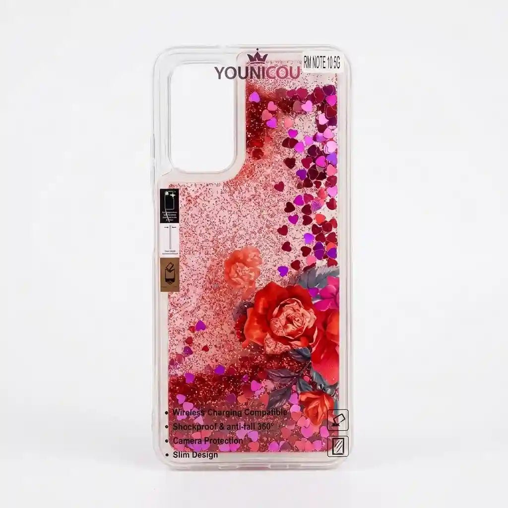 A clear smartphone case with a pink glitter-filled design, featuring red roses and heart-shaped confetti, shown on a white background.