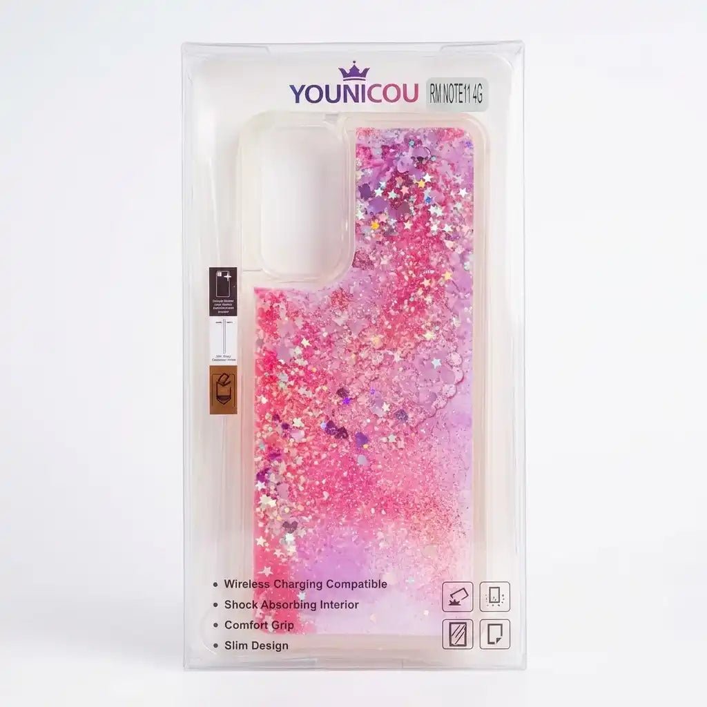 A Younicou pink and purple glitter phone case in its original clear plastic retail packaging, shown against a plain white background.