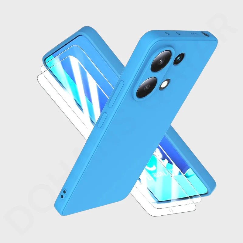 A bright blue protective smartphone case shown from multiple angles over a light gray background, with a phone partially visible inside. No brand name is visible.