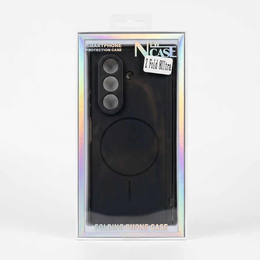 A black folding phone case with a circular MagSafe-style ring, shown inside its clear retail packaging with an iridescent border. The packaging features text including 'N CASE' and 'Z Fold Ultra'.