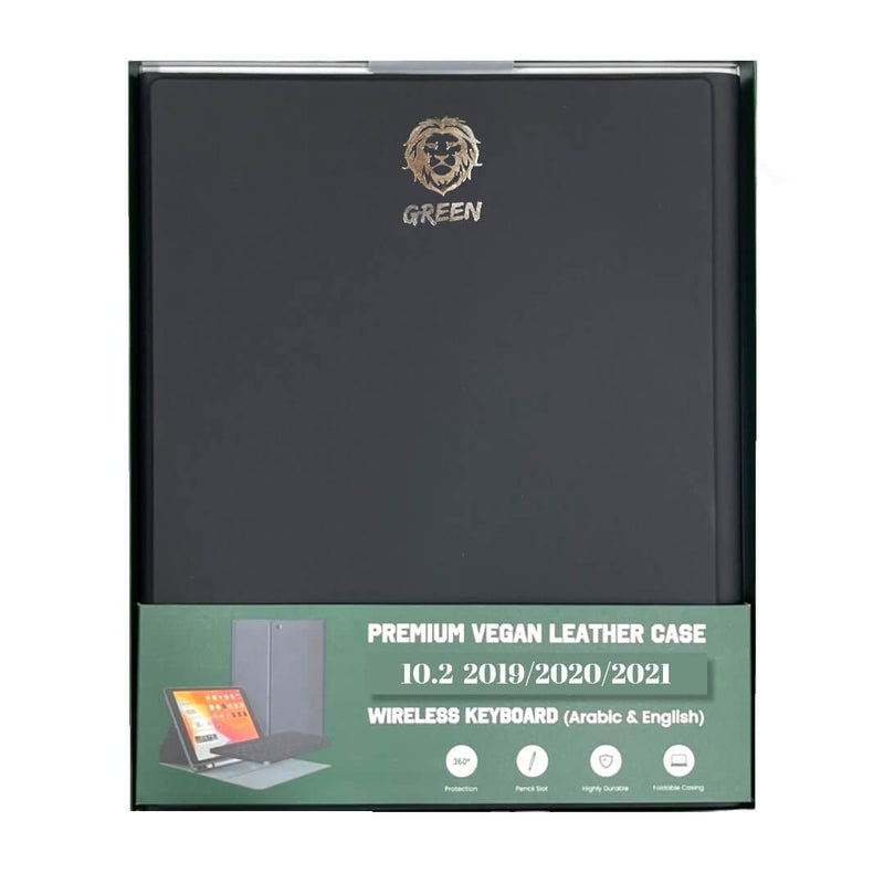 Dohans iPad Cover iPad 10.2 2019, 2020 & 2021 Green Premium Vegan Leather with Wireless Keyboard Arabic & English