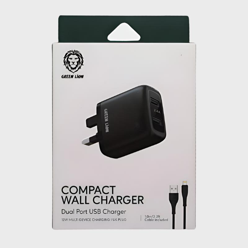 Green Lion Compact Wall Charger Dual Port Lightning Cable - Chargers available at Dohans Qatar